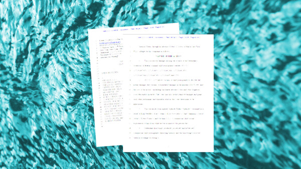 Printed pages with handwritten notes and equations laid on a turquoise textured surface.