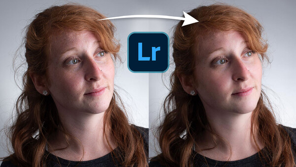 Before and after comparison of portrait retouching in Lightroom, showing skin smoothing and tonal adjustments.