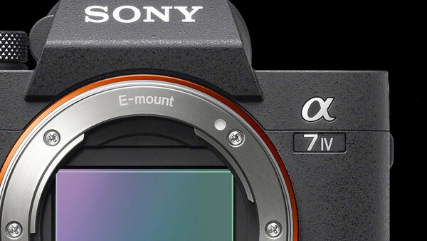 Close-up of Sony Alpha 7 IV camera body showing E-mount and sensor.