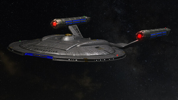 3D rendering of a starship with saucer section and twin nacelles against starfield backdrop.
