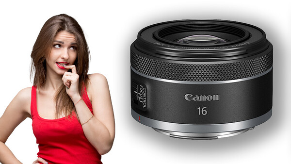 Woman in red halter top next to Canon RF 16mm lens against white background.