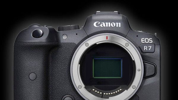 Canon EOS R7 mirrorless camera body front view with open mirror box.