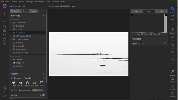 Screenshot of DAM software showing minimalist landscape photograph with horizontal compositional lines.
