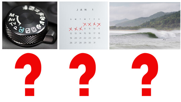 Three question marks in red, arranged horizontally below three photographs.