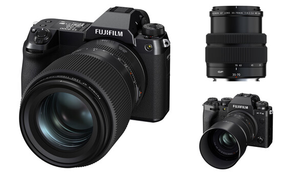 Fujifilm GFX mirrorless camera with three interchangeable lenses displayed.