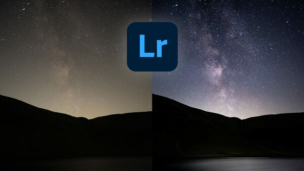 Logo for Adobe Lightroom displayed over a nighttime landscape with starry sky and silhouetted hills.