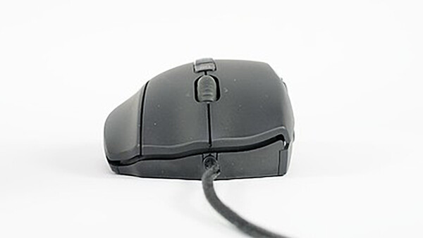 Dark gray wired computer mouse shown from above at an angle on white background.