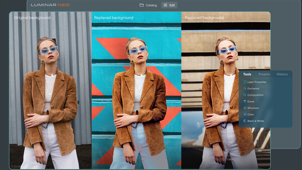Screenshot of background replacement tool showing three versions of woman in brown blazer with different digital backgrounds.