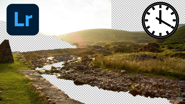 Rural landscape with winding stream, green fields, and hills under golden sunlight.