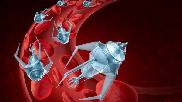 Illustration of nanobots or medical devices flowing through a blood vessel surrounded by red blood cells.