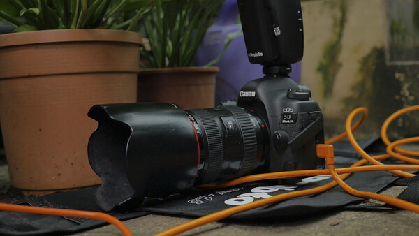 Canon EOS camera with telephoto lens, external flash, and orange cables on dark surface near potted plants.