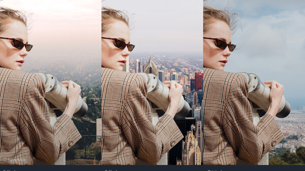 Woman in sunglasses and plaid blazer overlooking a city skyline, shown in three editing variations.