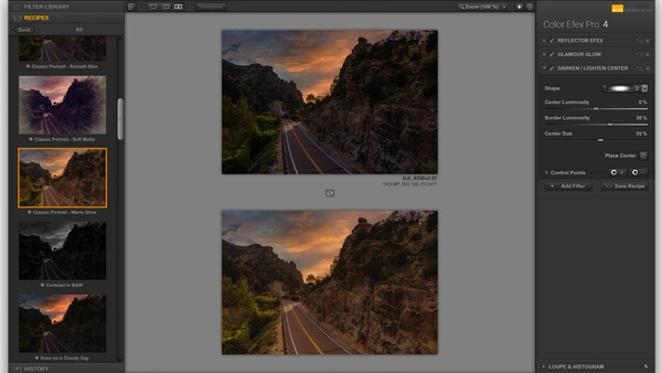 Railroad tracks cutting through a canyon at golden hour with dramatic sunset sky and green vegetation on rocky cliffs.