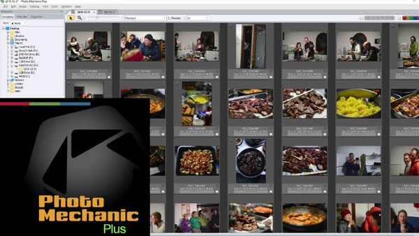 Screenshot of Photo Mechanic Plus software displaying a grid view of photographs including people and food images.