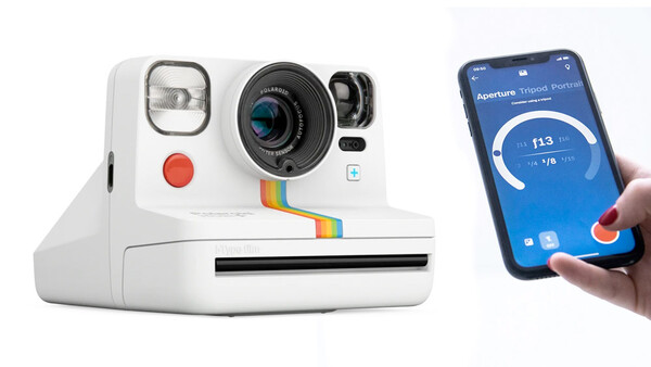 Retro-style white instant camera next to a smartphone displaying camera settings interface.