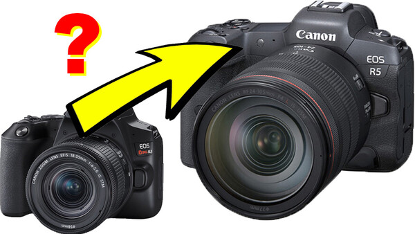 Graphic comparing Canon EOS R5 full-frame mirrorless camera to smaller Canon EOS M50 Mark II with yellow arrow indicating upgrade path.