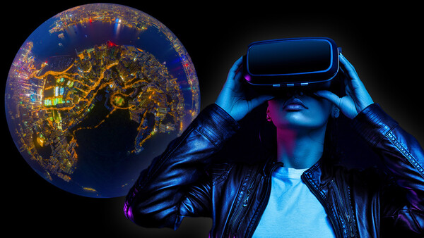 Person wearing VR headset with illuminated globe showing city lights beside them.