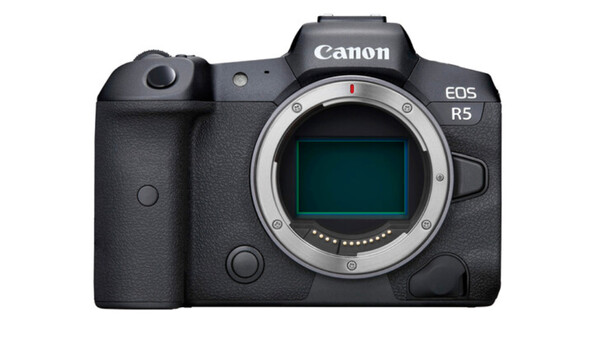 Canon EOS R5 mirrorless camera body shown from front with lens mount exposed.