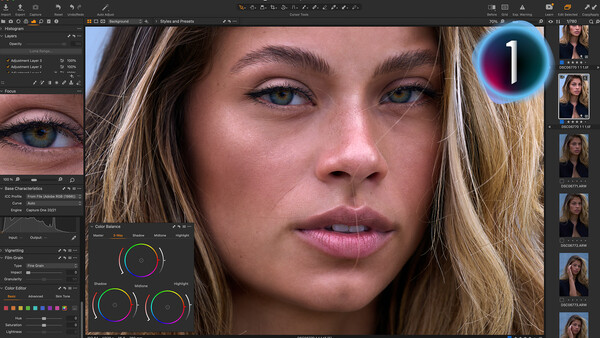 Screenshot of portrait retouching software showing a woman's face with color grading adjustment panels visible.