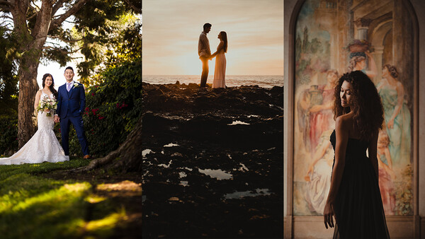 Three wedding and portrait photography scenes: couple under tree with bride in white dress, couple at sunset on dark landscape, woman in black dress against ornate mural.