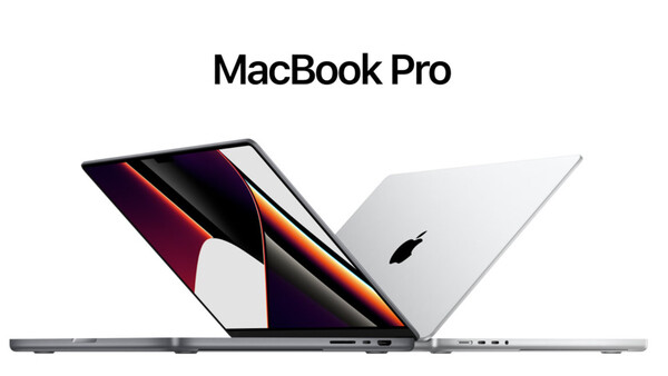 Product shot of three MacBook Pro laptops arranged in a row, displaying their sides and lids.