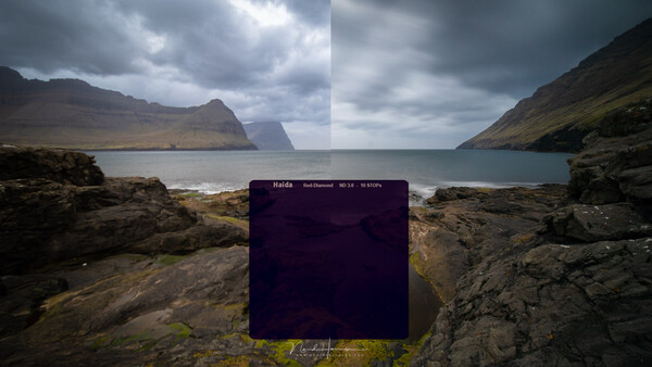 Screenshot of photo editing software displaying a coastal landscape with mountains and rocky shores.