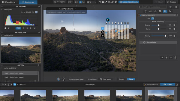 Screenshot of Lightroom's Local Adjustments panel with a landscape photograph of mountains and a tower.