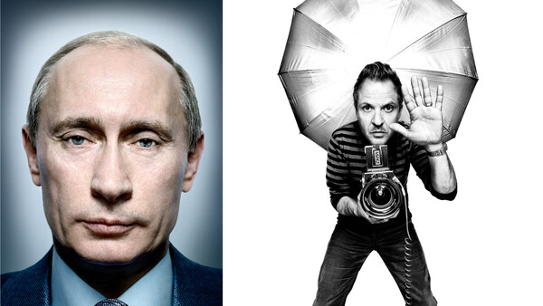 Portrait comparison showing formal headshot on left and studio portrait with reflector on right.
