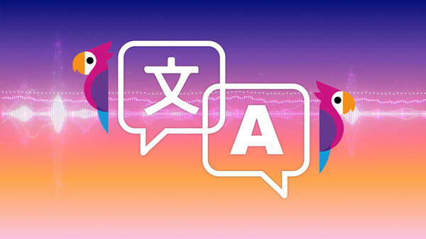 Illustration of language translation concept with Chinese and English characters in speech bubbles.