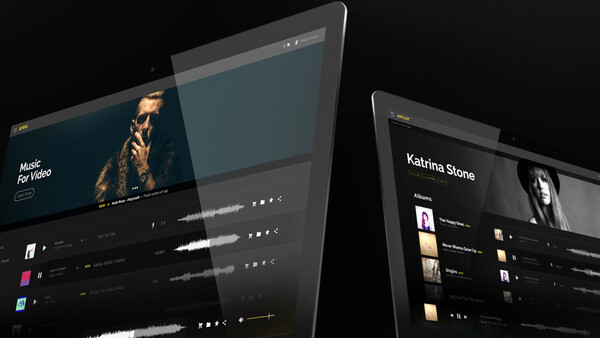Screenshot of a dark-themed music platform interface displayed on multiple monitors showing artist profiles and album artwork.
