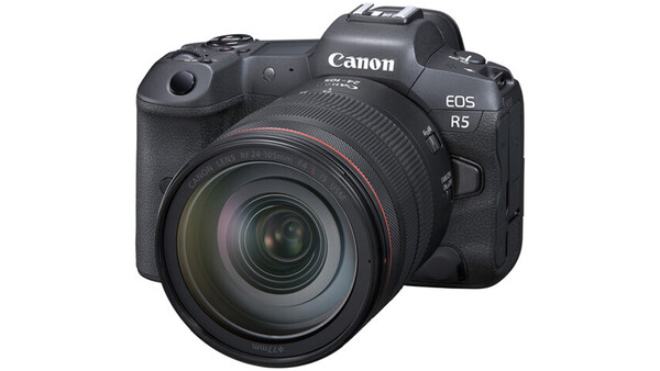 Canon EOS R5 mirrorless camera with attached zoom lens, displayed against white background.