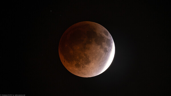 Moon during total lunar eclipse displaying deep reddish-brown coloration across its surface.