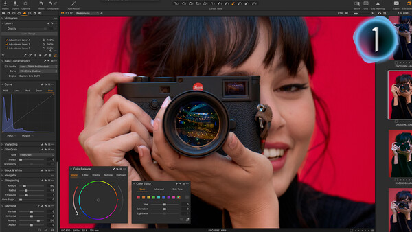 Screenshot of photo editing software with portrait of person holding rangefinder camera against red background.