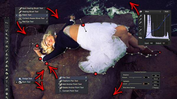 Screenshot of photo editing software showing portrait retouching tools and adjustment panels with correction points marked on an image.