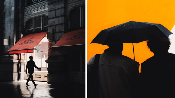 Diptych comparing urban street photography styles: left side shows a silhouetted figure walking past red awnings in natural light; right side shows two silhouetted figures under an umbrella against a vibrant yellow background.