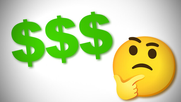 Illustration of three green dollar signs next to a yellow thinking-face emoji with hand on chin.