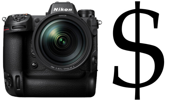 Nikon Z9 mirrorless camera body with attached lens next to a dollar sign symbol.