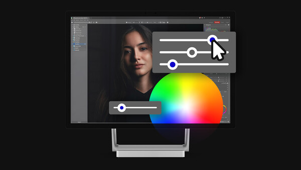 Screenshot of photo editing software displaying portrait retouching with color adjustment sliders and a vibrant color picker wheel.