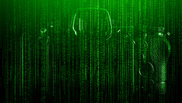 Digital illustration of a human head and shoulders composed of cascading green binary code and numbers.