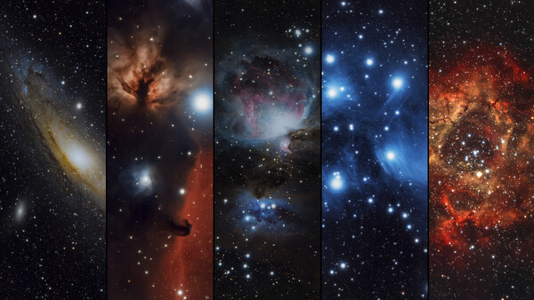 Five vertical panels of deep-space astronomical imagery showing nebulae, star clusters, and cosmic dust formations.
