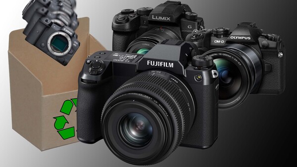 Illustration of four mirrorless cameras arranged around a cardboard box with a recycling symbol.