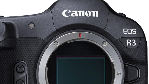 Canon EOS R3 mirrorless camera front view showing the lens mount and sensor area.