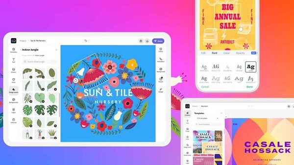 Screenshot of graphic design software showing multiple colorful design projects including floral illustrations and sale posters.