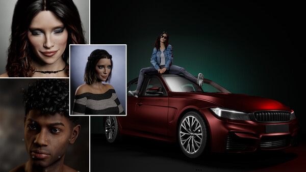 Composite portrait and automotive photography showing multiple headshots and a woman posing on a red car.