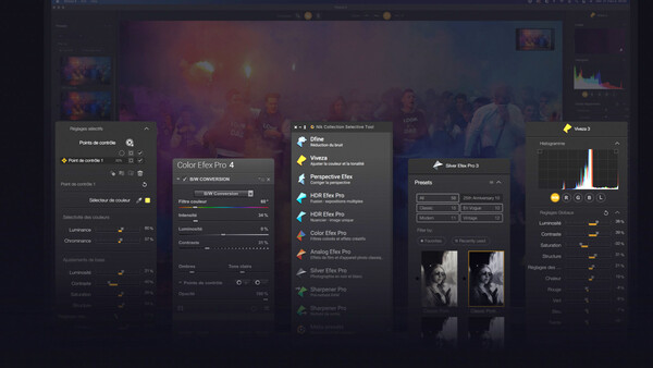 Screenshot of video editing software with color grading interface and preset panels displayed.