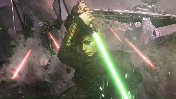 Digital composite illustration featuring a figure wielding a glowing green lightsaber surrounded by spacecraft and laser fire in a sci-fi battle scene.