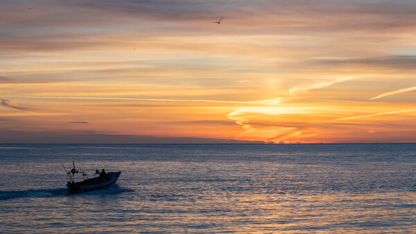 Fishing boat silhouetted against golden sunset over calm ocean water.