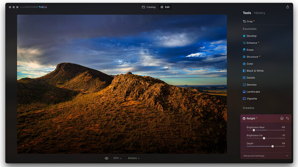 Screenshot of Lightroom Classic editing interface displaying a desert landscape with golden hills and blue sky.