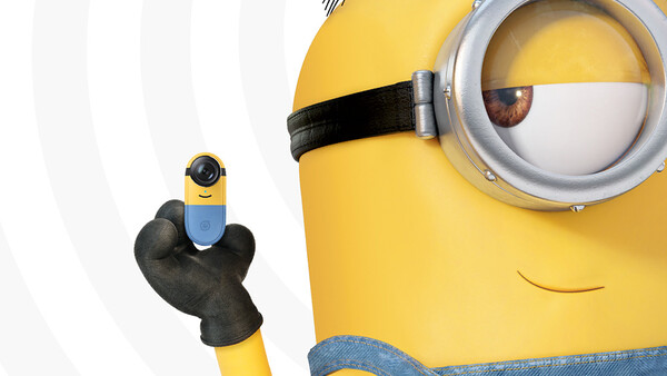 Illustration of a yellow character holding a small blue and yellow device against a white striped background.