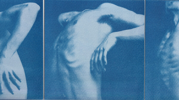 Cyanotype triptych of a female figure in three poses with arms raised and hand placements.